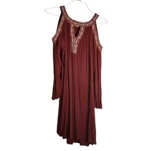 Time and Tru Burgundy Cold Shoulder Embroidered Boho Mini Dress Large 12-14